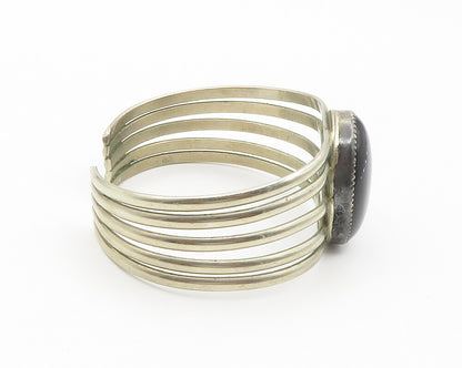 NAVAJO 925 Silver  Vintage Cabochon Black Onyx Split Cuff Bracelet  BT5695