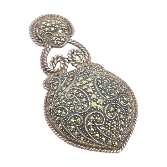 925 Sterling Silver Vintage Pendant JUDITH JACK Marcasite Scroll Heart  PT25899