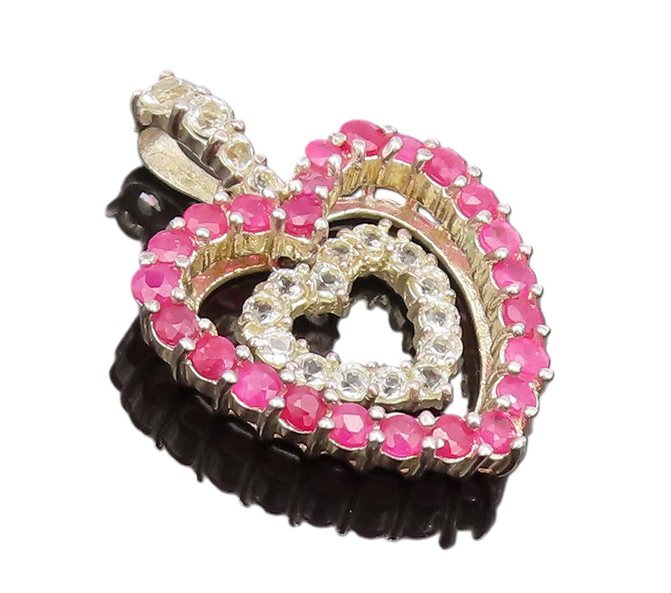 925 Sterling Silver  Vintage Ruby & Topaz Double Love Heart Pendant  PT22412