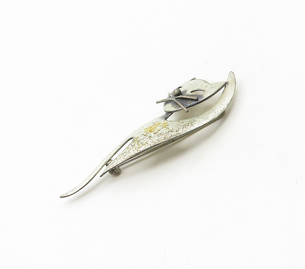 DANECRAFT 925 Sterling Silver   Vintage Modernist Cat Motif Brooch Pin  BP6615