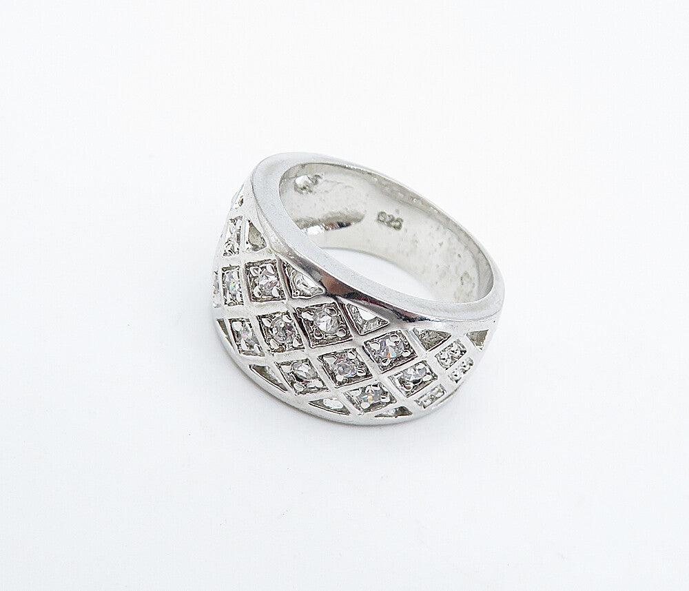 925 Sterling Silver  Petite Topaz Shiny Grid Design Band Ring Sz 5  RG4983