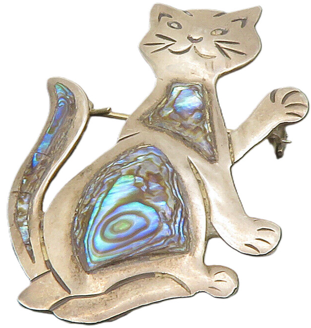 MEXICO 925 Sterling Silver  Vintage Abalone Siting Cat Brooch Pin  BP4684