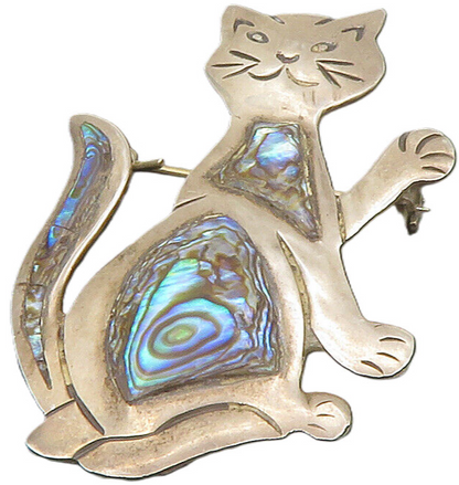 MEXICO 925 Sterling Silver  Vintage Abalone Siting Cat Brooch Pin  BP4684
