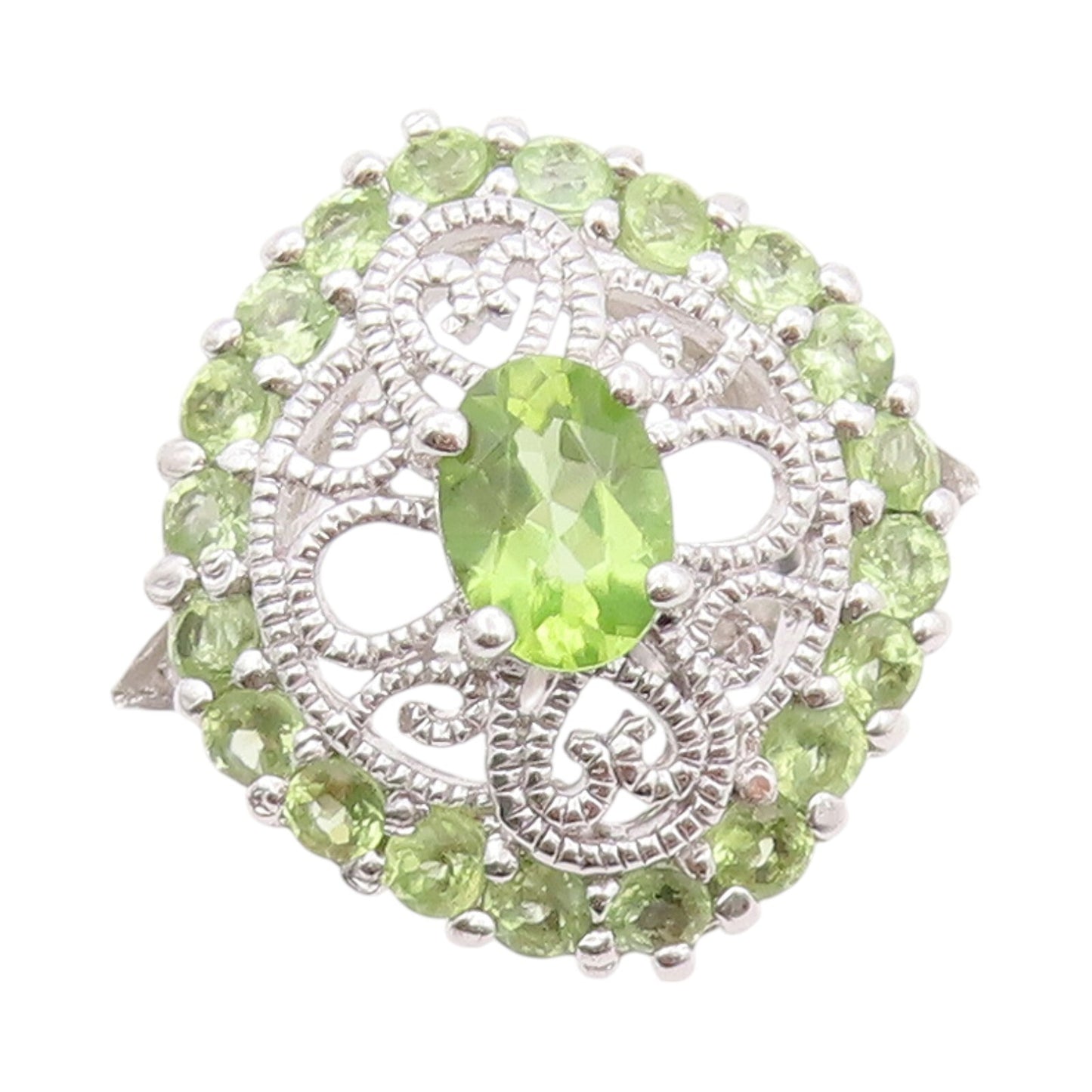 925 Sterling Silver Vintage Ring Round Peridot Floral Design Cut  SZ 8  RG32030