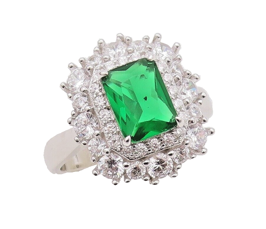 925 Sterling Silver Vintage Ring Rectangle Green Halo White CZ  Sz 7  RG30003