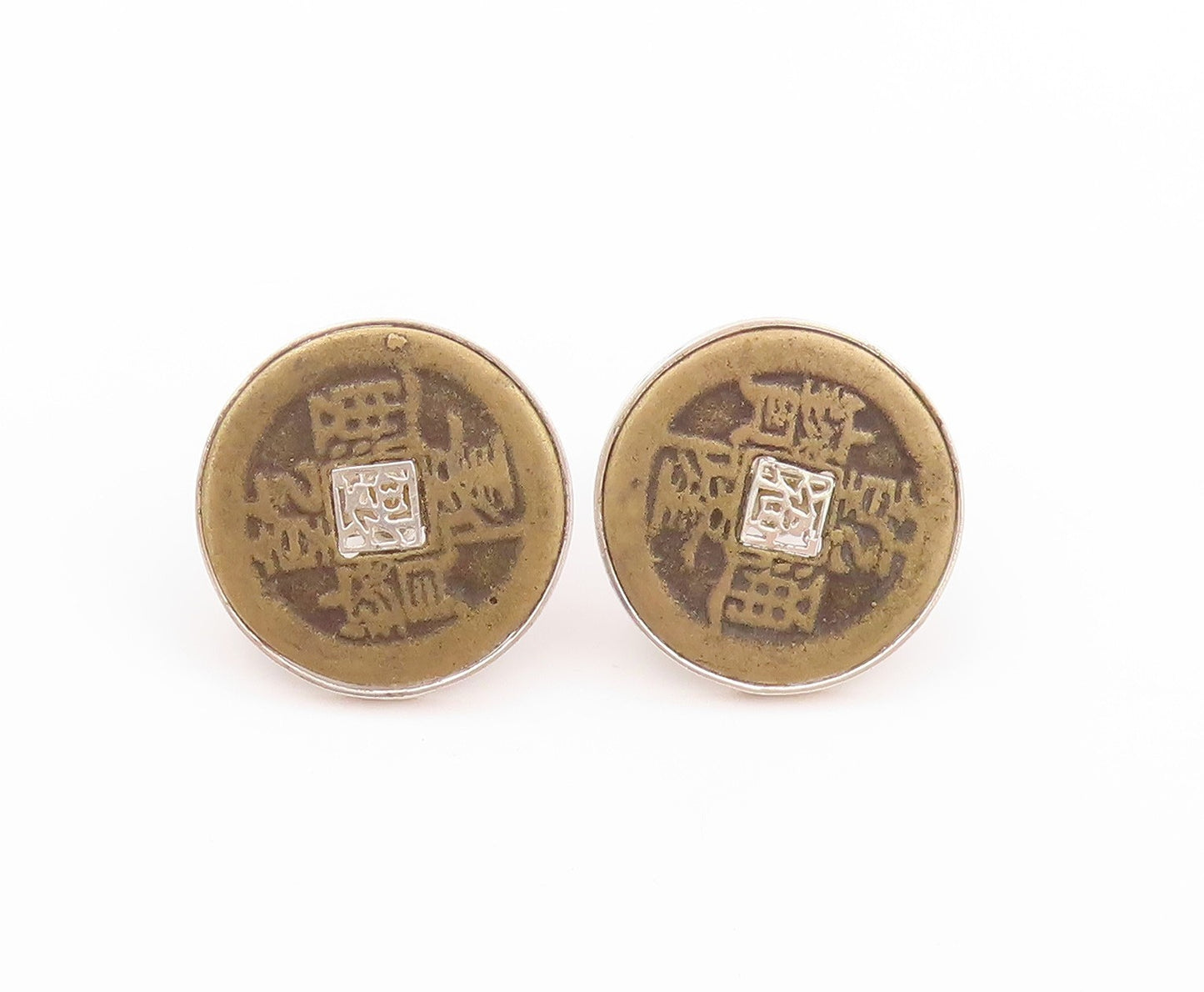 925 Sterling Silver Vintage Cuff Links Chinese Coin of Longevity  TR3944