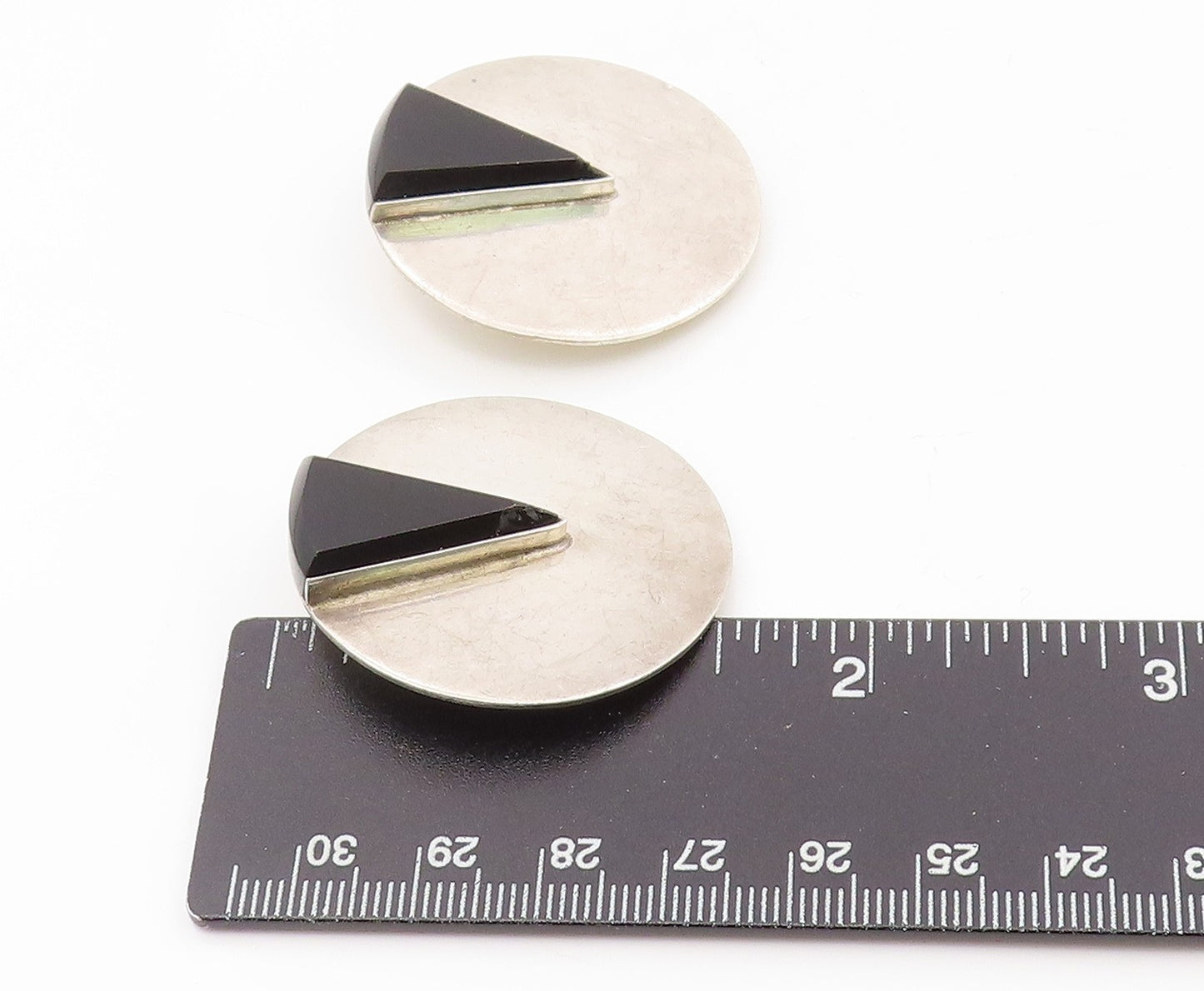 925 Sterling Silver Vintage Earrings MEXICO Onyx Modernist Round Clip On EG13895