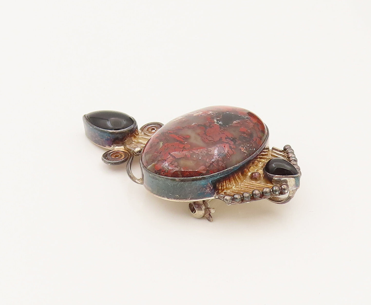 SAJEN 925 Silver  Vintage Brecciated Jasper & Black Onyx Brooch Pin  BP10226