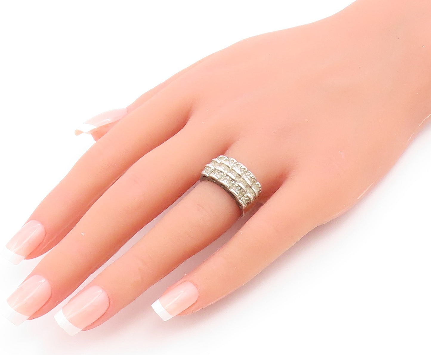 925 Sterling Silver  Vintage White Topaz Three Row Band Ring  Sz 6  RG20423