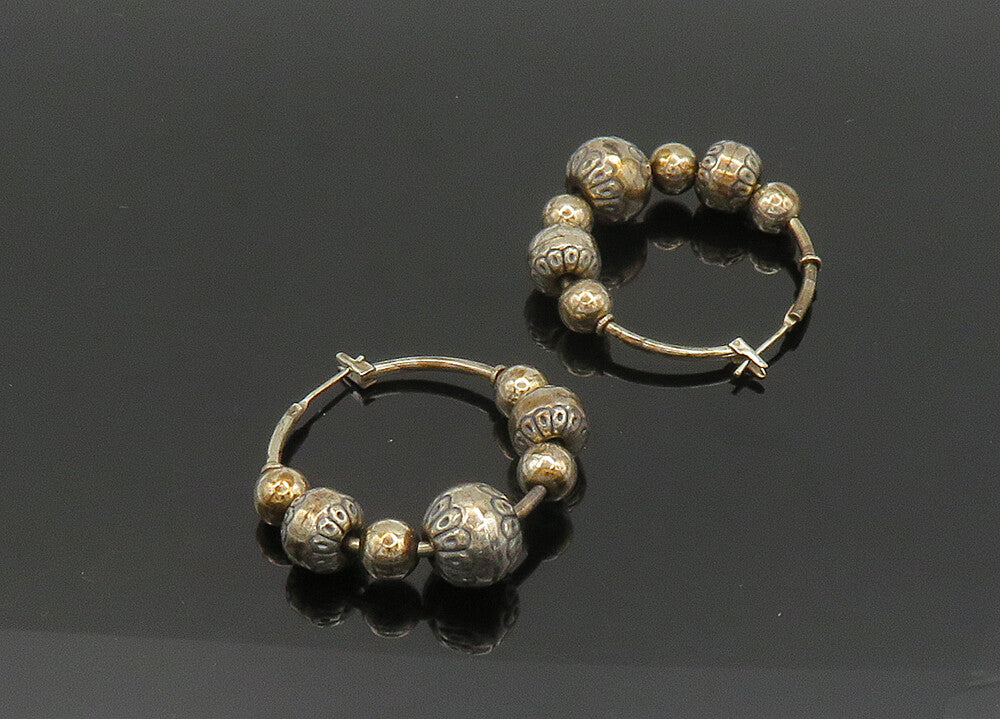 SOUTHWESTERN 925 Silver Vintage Dark Tone Floral Beaded Hoop Earrings EG10403