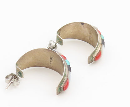 925 Sterling Silver Vintage Earrings NAVAJO ZUNI Multi Gemstone Hoops  EG13896