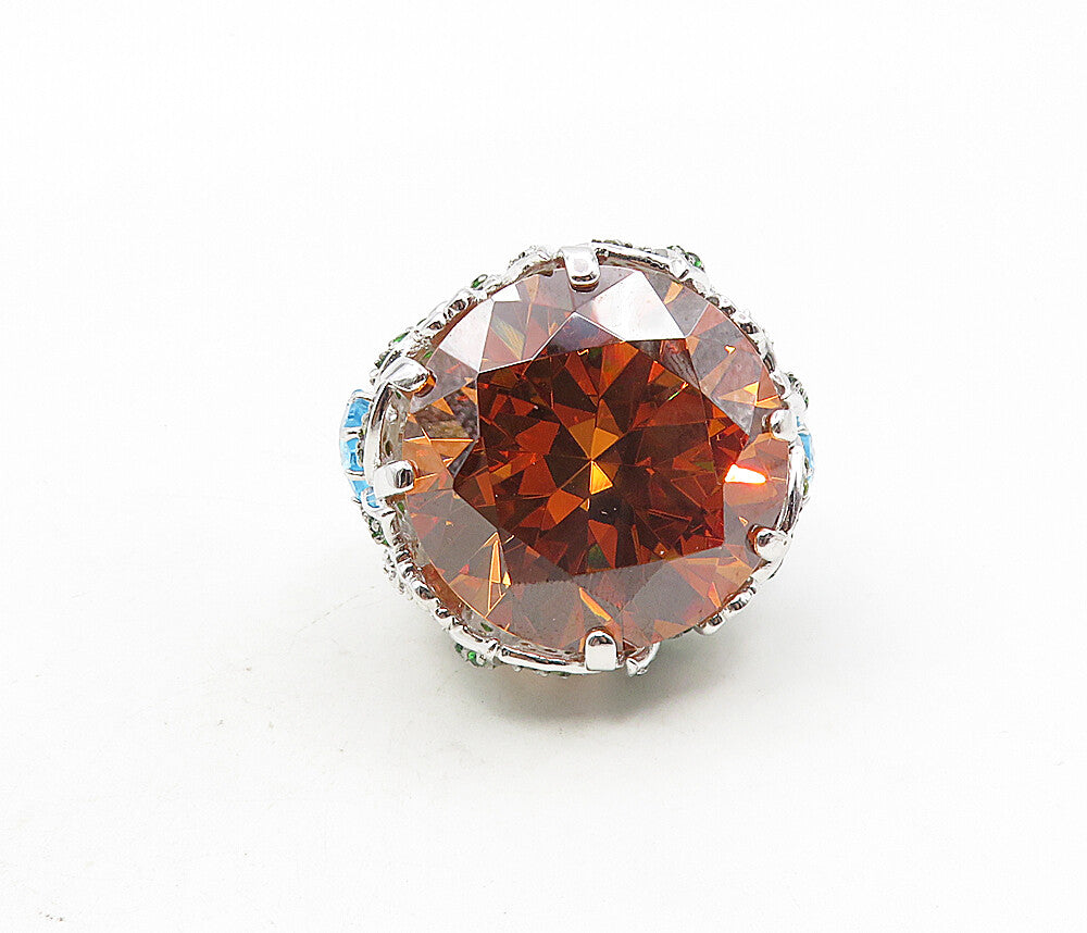 925 Sterling Silver   Citrine Cubic Zirconia & Topaz Cocktail Ring Sz 7 RG9180