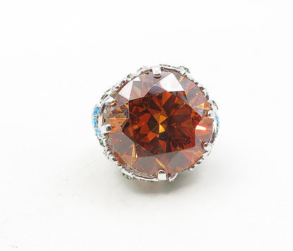 925 Sterling Silver   Citrine Cubic Zirconia & Topaz Cocktail Ring Sz 7 RG9180