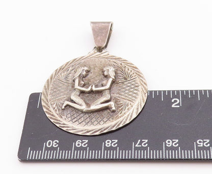 925 Sterling Silver Vintage Pendant Antique Gemini Zodiac Sign Carved   PT24585