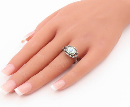 925 Sterling Silver Vintage Ring Antique Dark Tone Cutout Abalone  Sz 8  RG31780