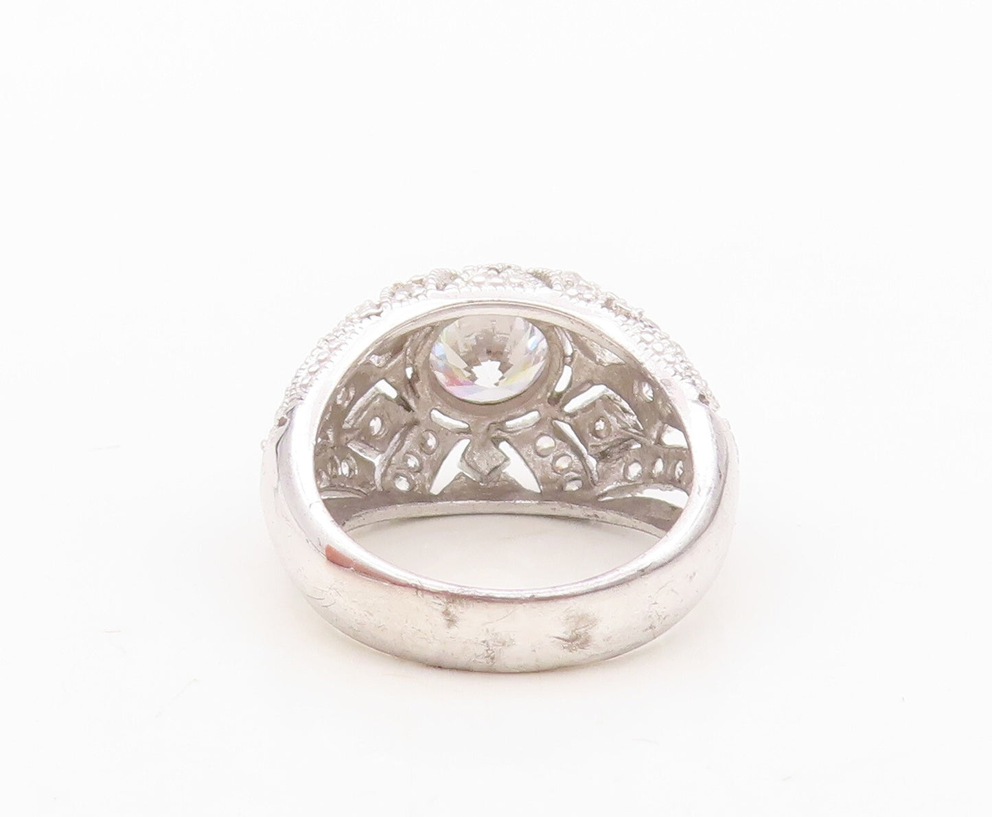 925 Sterling Silver Vintage Ring Designer Carved CZ Inlay Dome  Sz 7  RG30442