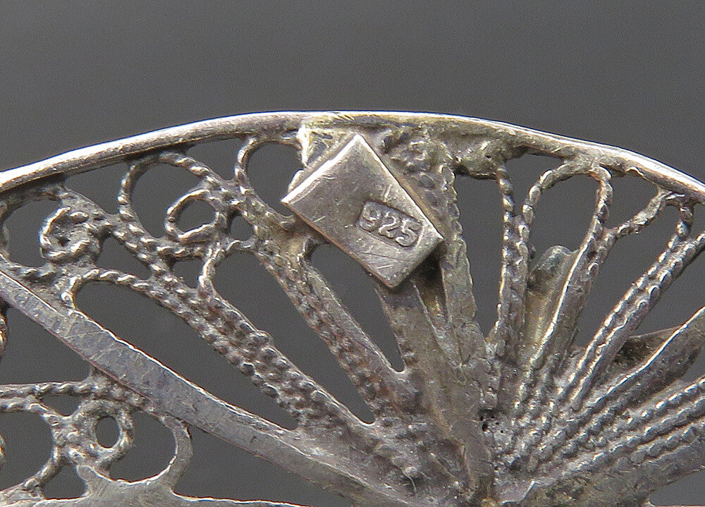 EUROPEAN 925 Sterling Silver  Vintage Carnelian Floral Brooch Pin  BP8680