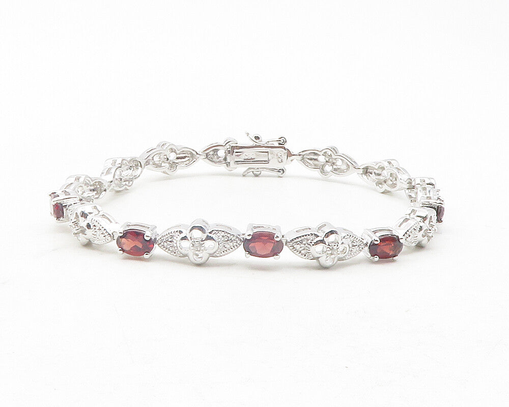 925 Sterling Silver  Red Topaz & Genuine Diamonds Floral Chain Bracelet BT4741