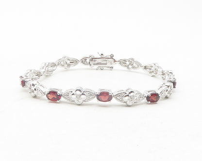 925 Sterling Silver  Red Topaz & Genuine Diamonds Floral Chain Bracelet BT4741