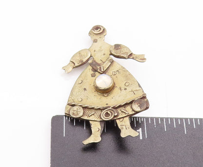 925 Sterling Silver Vintage Brooch Pin Designer Moonstone Carved Girl  BP10868