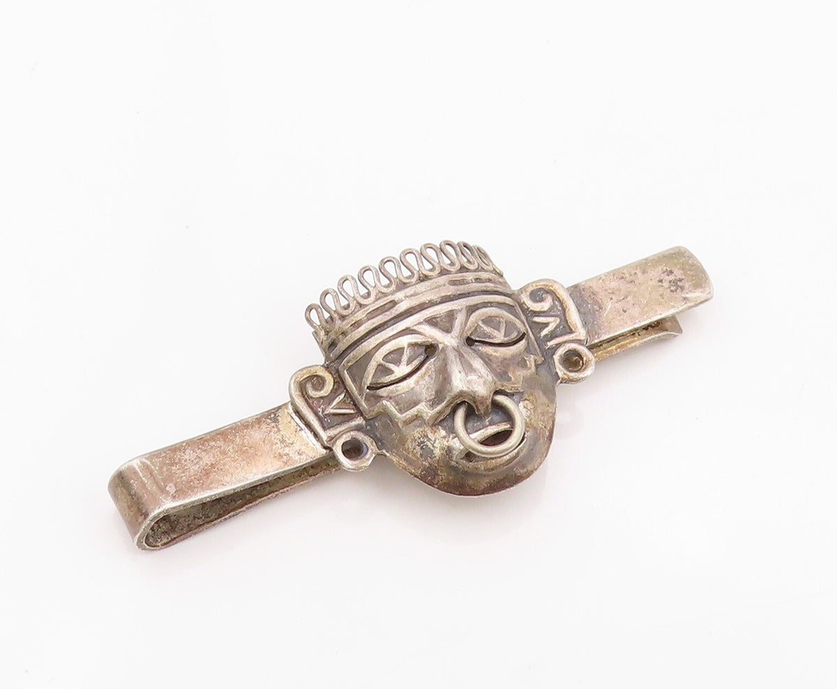 925 Sterling Silver Vintage Tie Clip Dark Tone Trible Man Face Carved  TR3871