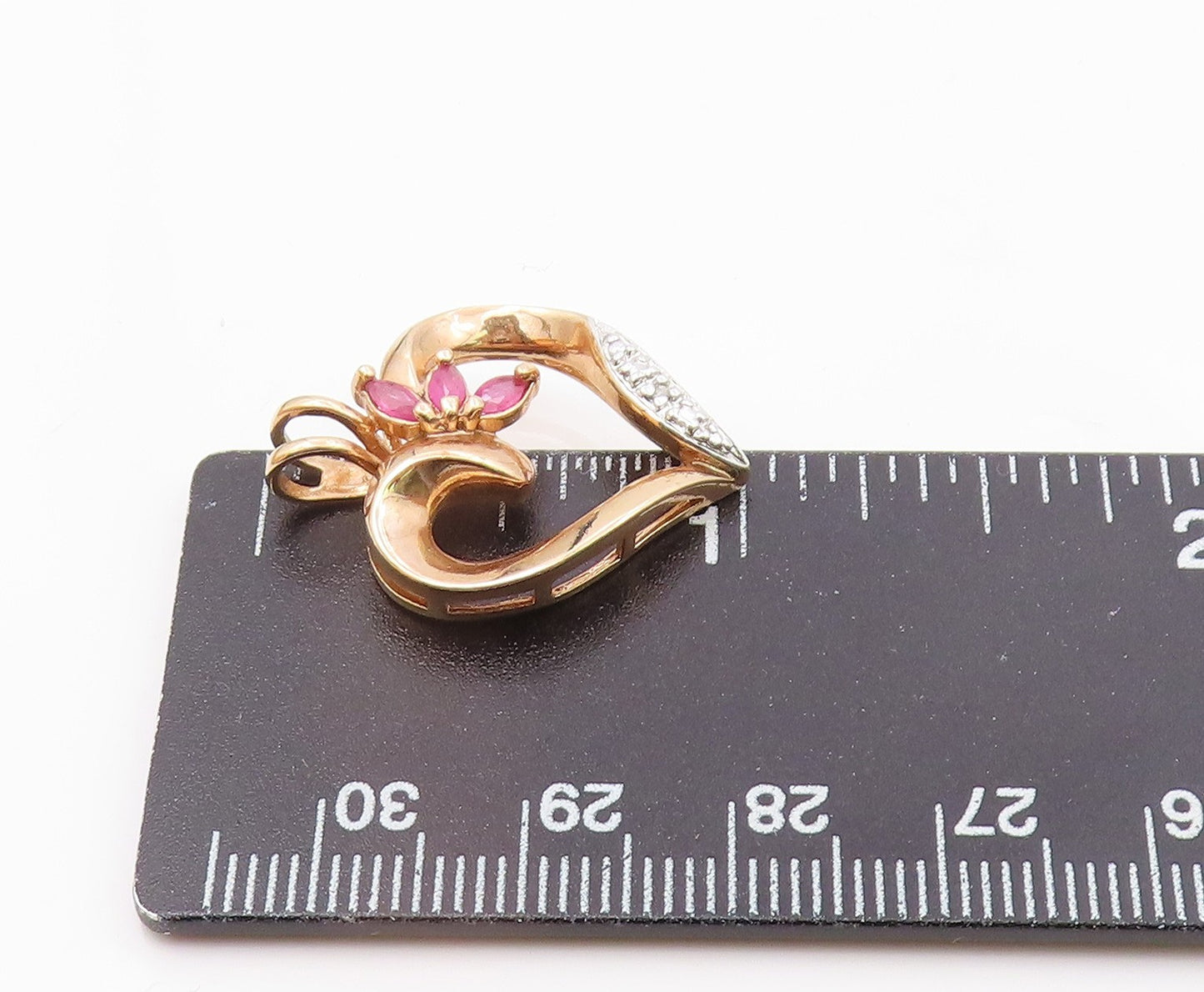 925 Silver  Vintage Genuine Diamond & Ruby Open Love Heart Pendant  PT15686