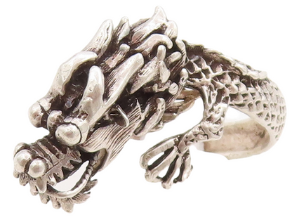 925 Sterling Silver Vintage Ring Dark Tone Carved Angry Dragon  Sz 9  RG31692