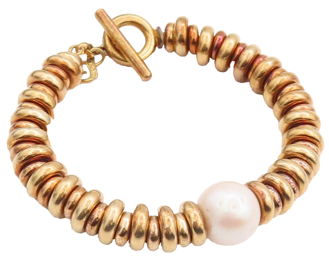 925 Sterling Silver Vintage Bracelet Gold Plated Pearl Stacked Rings  BT10624