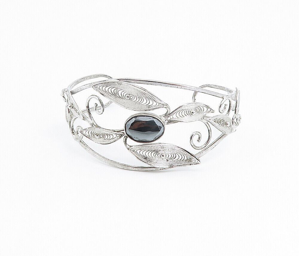 925 Sterling Silver  Faceted Hematite Filigree Floral Cuff Bracelet  BT3467