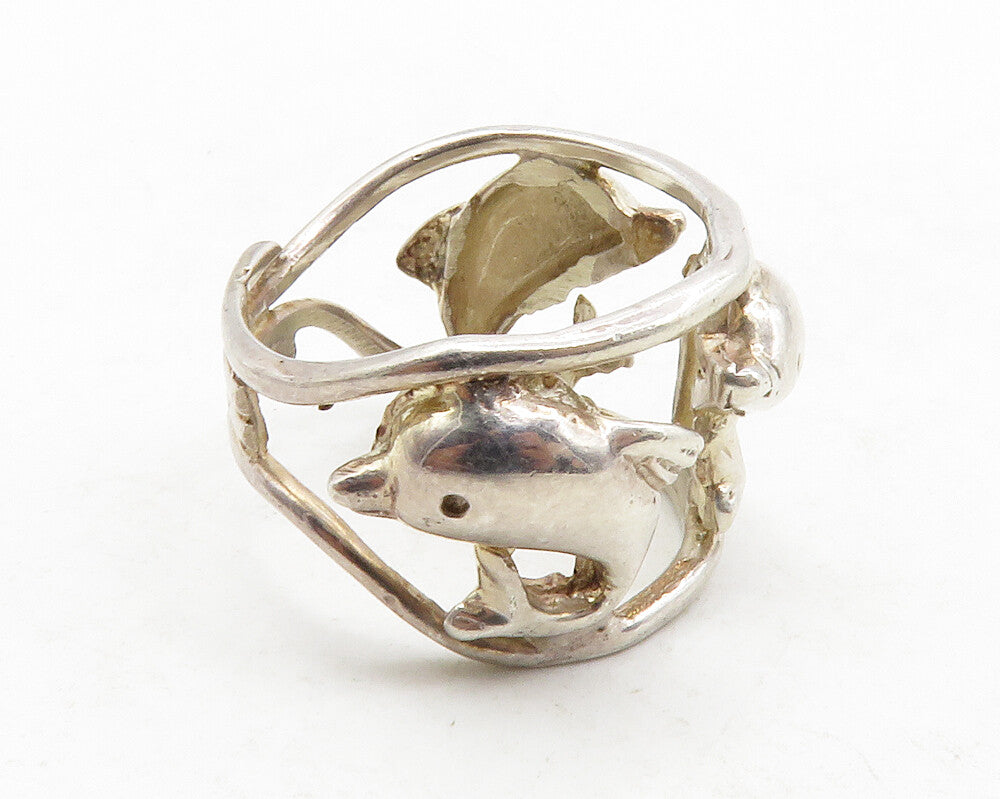 925 Sterling Silver  Vintage Shiny Triple Dolphin Band Ring Sz 7.5  RG13169