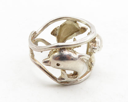 925 Sterling Silver  Vintage Shiny Triple Dolphin Band Ring Sz 7.5  RG13169