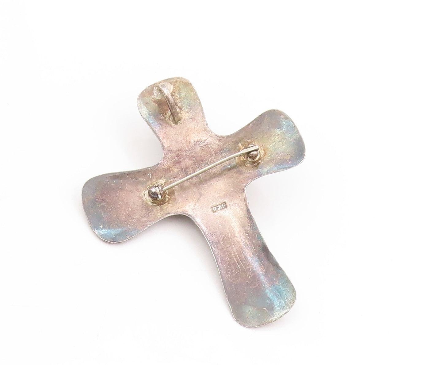 925 Sterling Silver Vintage Brooch Cabochon Turquoise Religious Cross  BP11950