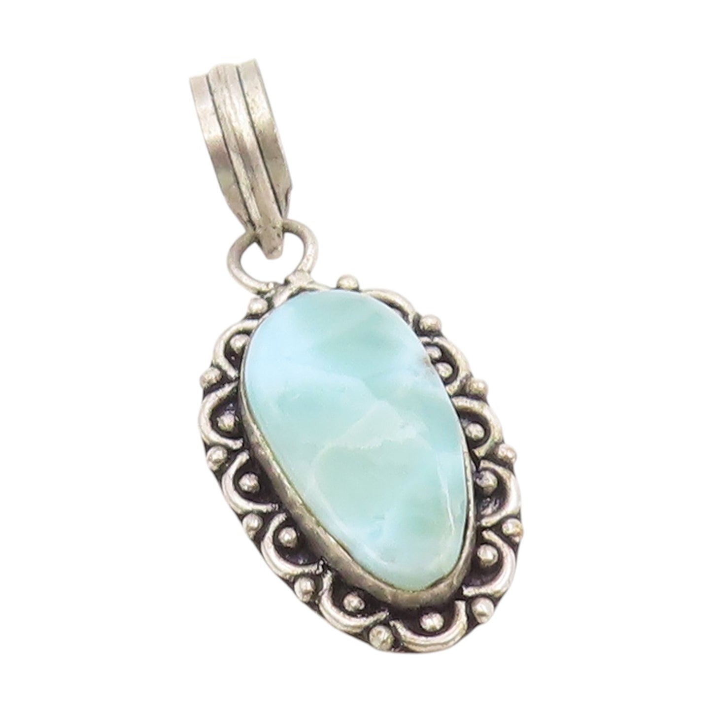 925 Sterling Silver Vintage Pendant Cabochon Larimar Scrollwork Drop  PT25790