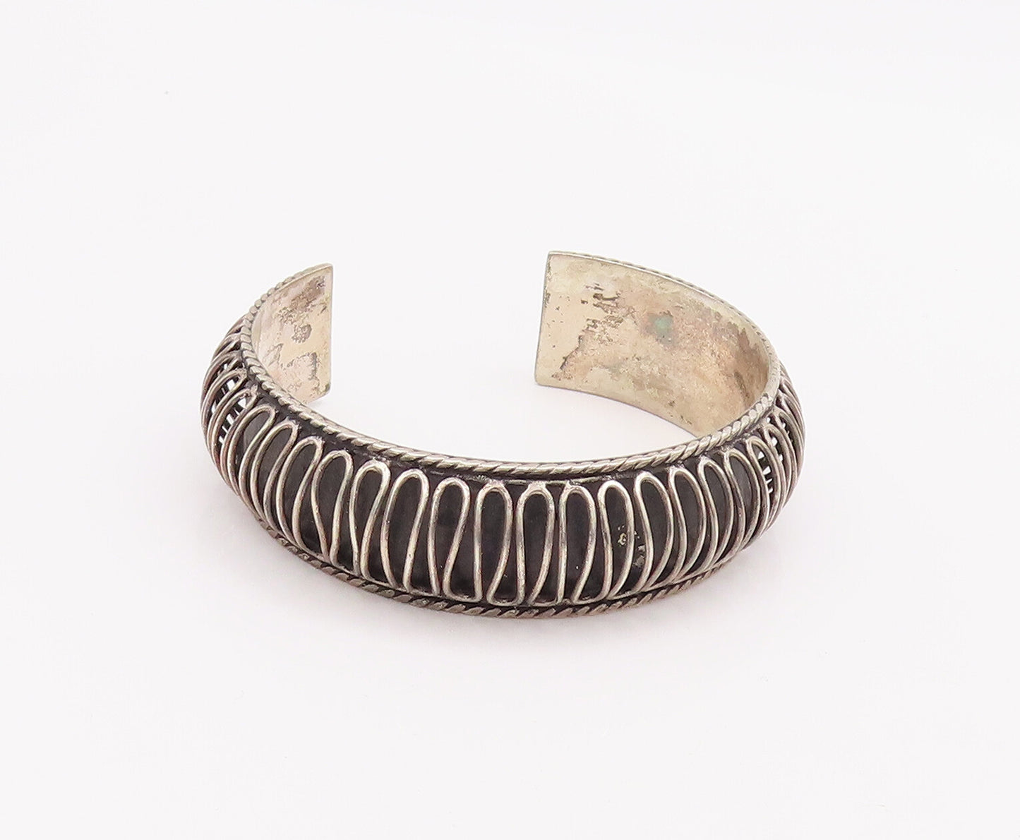925 Sterling Silver Vintage Bracelet Solid Bulged Wave Carved Cuff  BT10541
