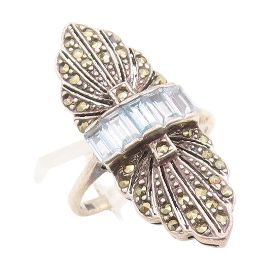 925 Sterling Silver Vintage Ring Blue Topaz & Marcasite Wing Motif Sz 8 RG35033