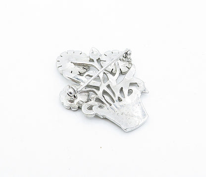 925 Sterling Silver  Vintage Sparkling Flower Pot Motif Brooch Pin  BP1106