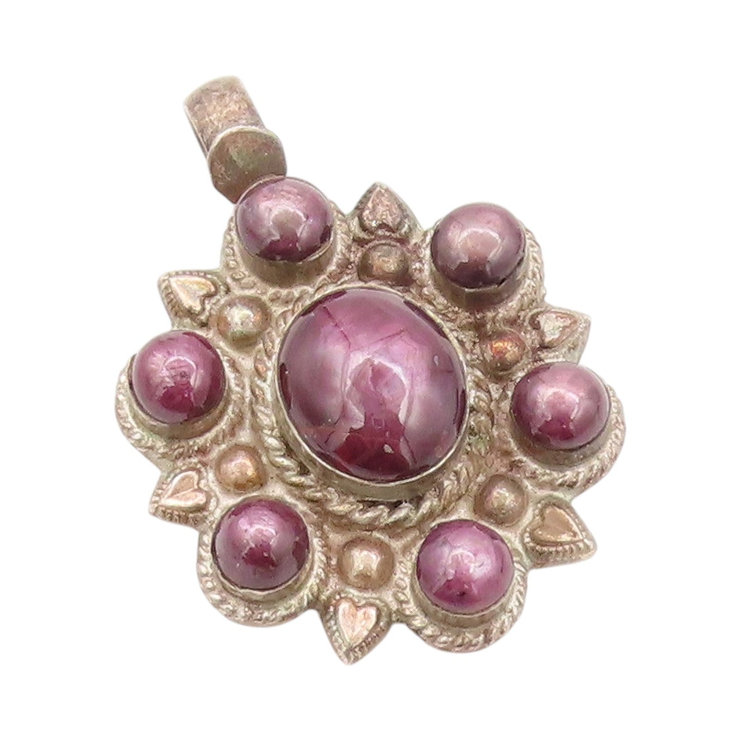 925 Sterling Silver Vintage Pendant Cabochon Purple Cat's Eye Flower  PT24202