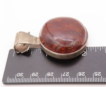 925 Sterling Silver Vintage Pendant Large Round Honey Amber  PT24162
