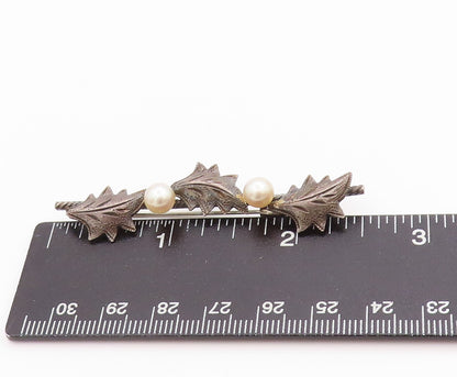 925 Sterling Silver Vintage Brooch Antique Leaved & Pearls Band  BP11717