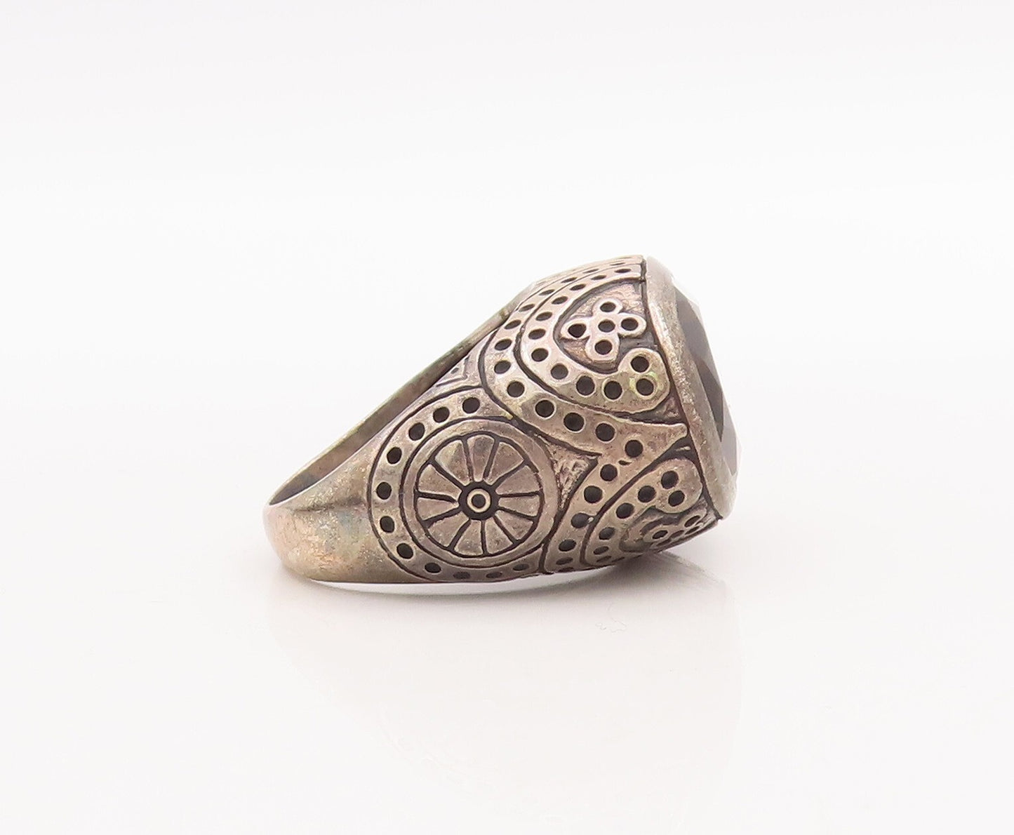 925 Sterling Silver Vintage Ring Beaded Carved Oval Smoky Quartz  Sz 8  RG29198