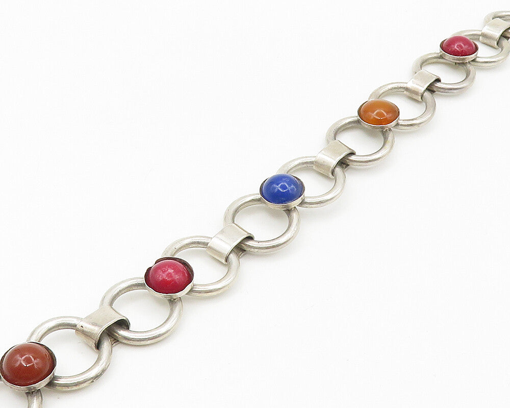 MEXICO 925 Sterling Silver Vintage Carnelian & Multi Stone Chain Bracelet BT7201
