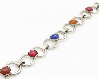 MEXICO 925 Sterling Silver Vintage Carnelian & Multi Stone Chain Bracelet BT7201