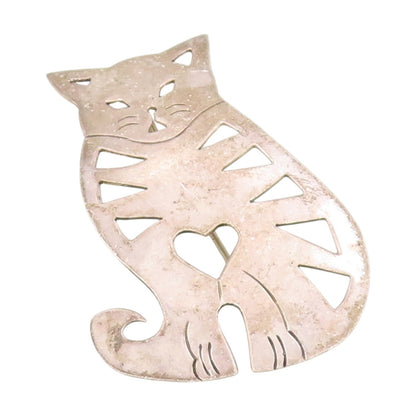 925 Sterling Silver Vintage Brooch MEXICO Love Heart Cutout Kitten Pin  BP12132