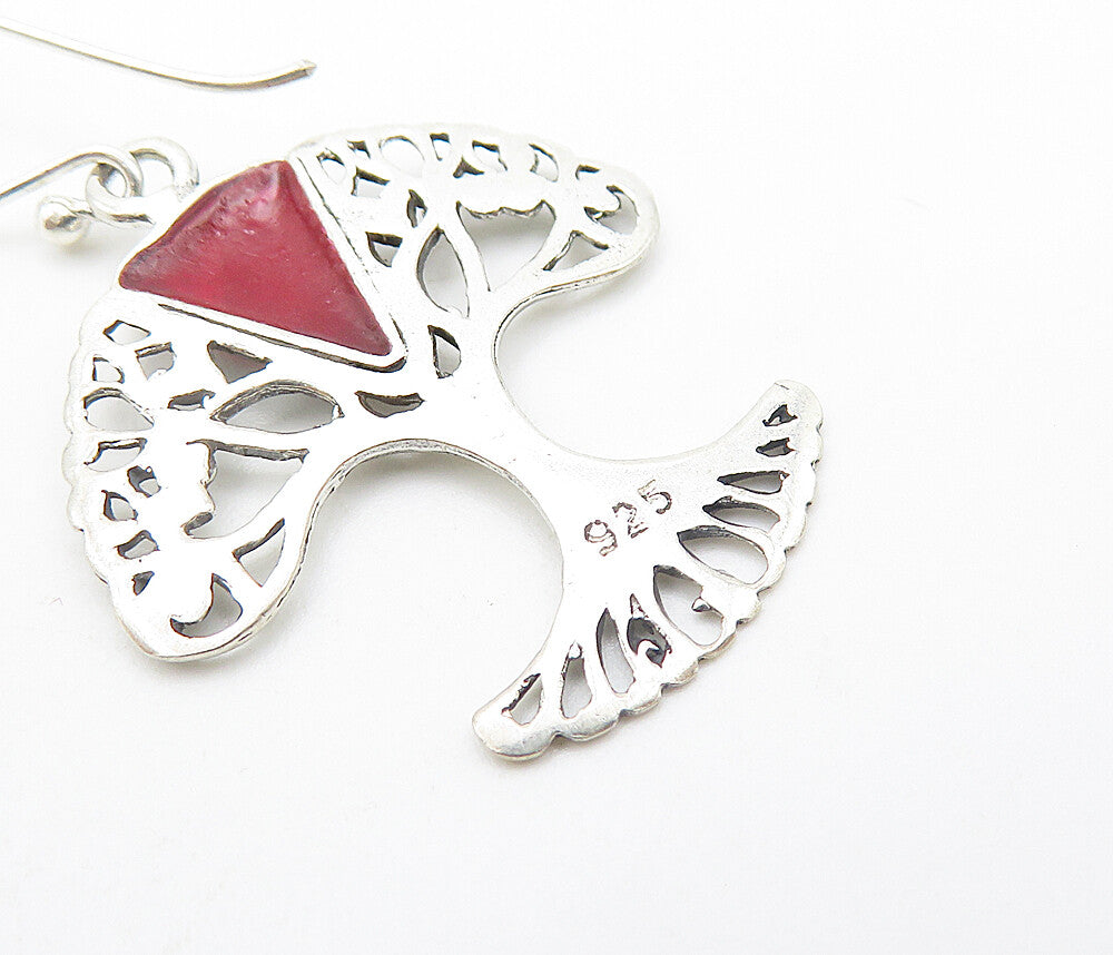 925 Sterling Silver  Red Sponge Coral Tree Of Life Dangle Earrings  EG3392
