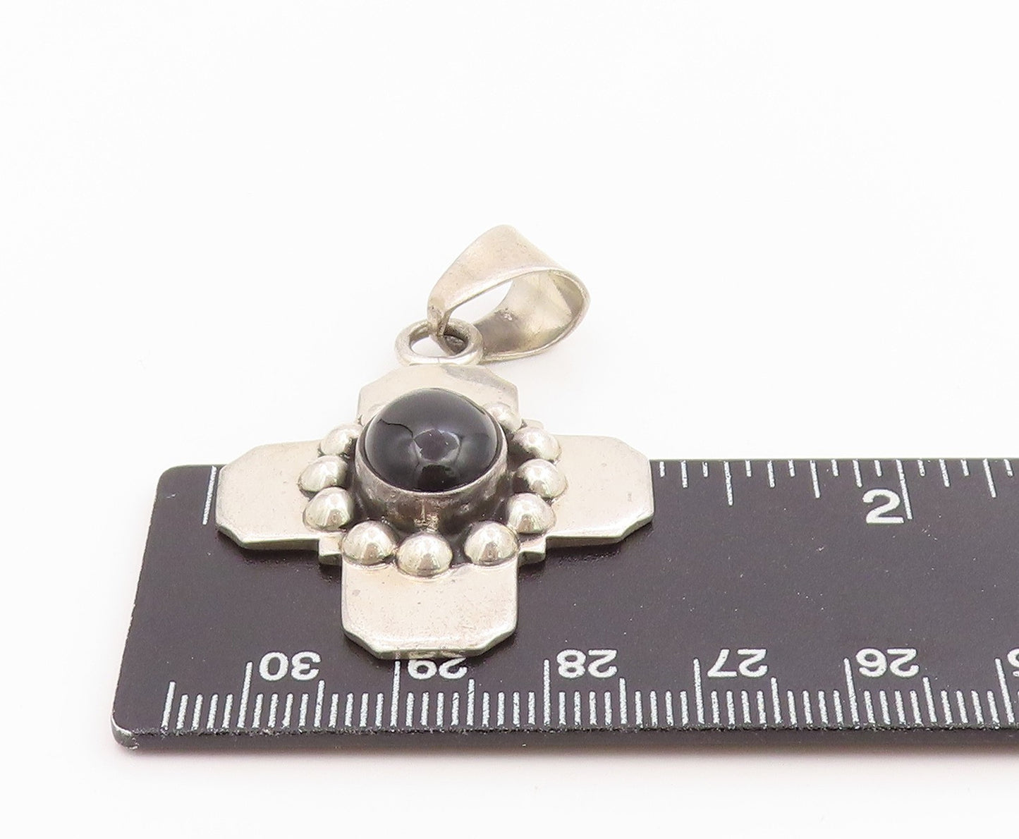 925 Sterling Silver Vintage Pendant MEXICO Black Onyx Religious Cross  PT26092