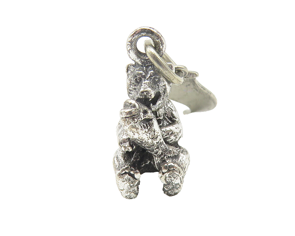 925 Sterling Silver  Vintage Sitting Bear & Fish New York Drop Pendant  PT9374