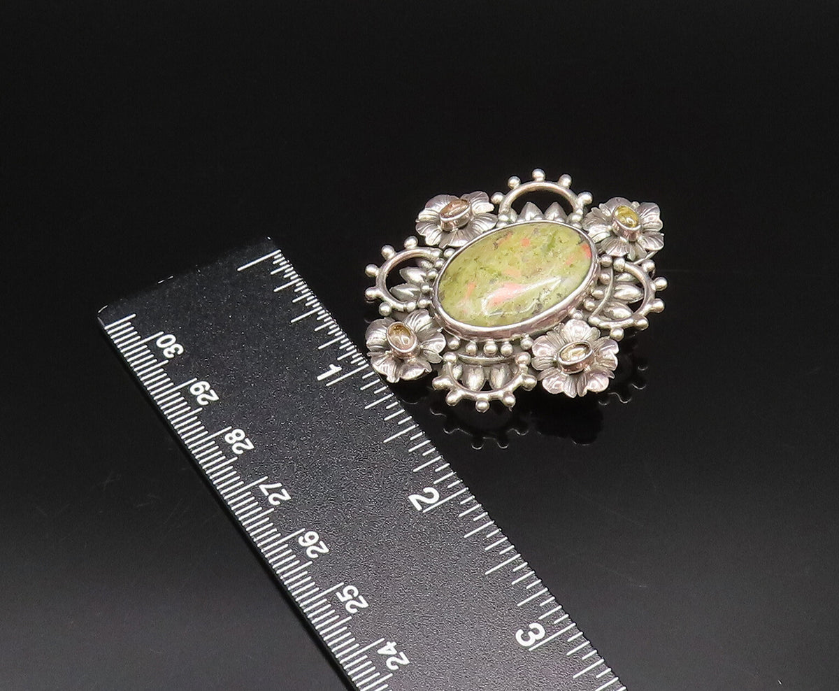 925 Silver  Vintage Cabochon Unakite & Peridot Floral Cluster Pendant  PT21917