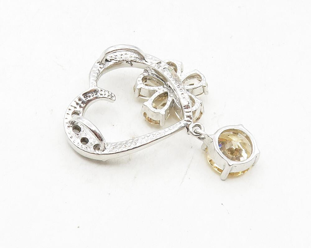 925 Sterling Silver  Shiny Topaz Dangling Floral Love Heart Pendant  PT7308
