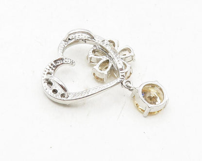 925 Sterling Silver  Shiny Topaz Dangling Floral Love Heart Pendant  PT7308