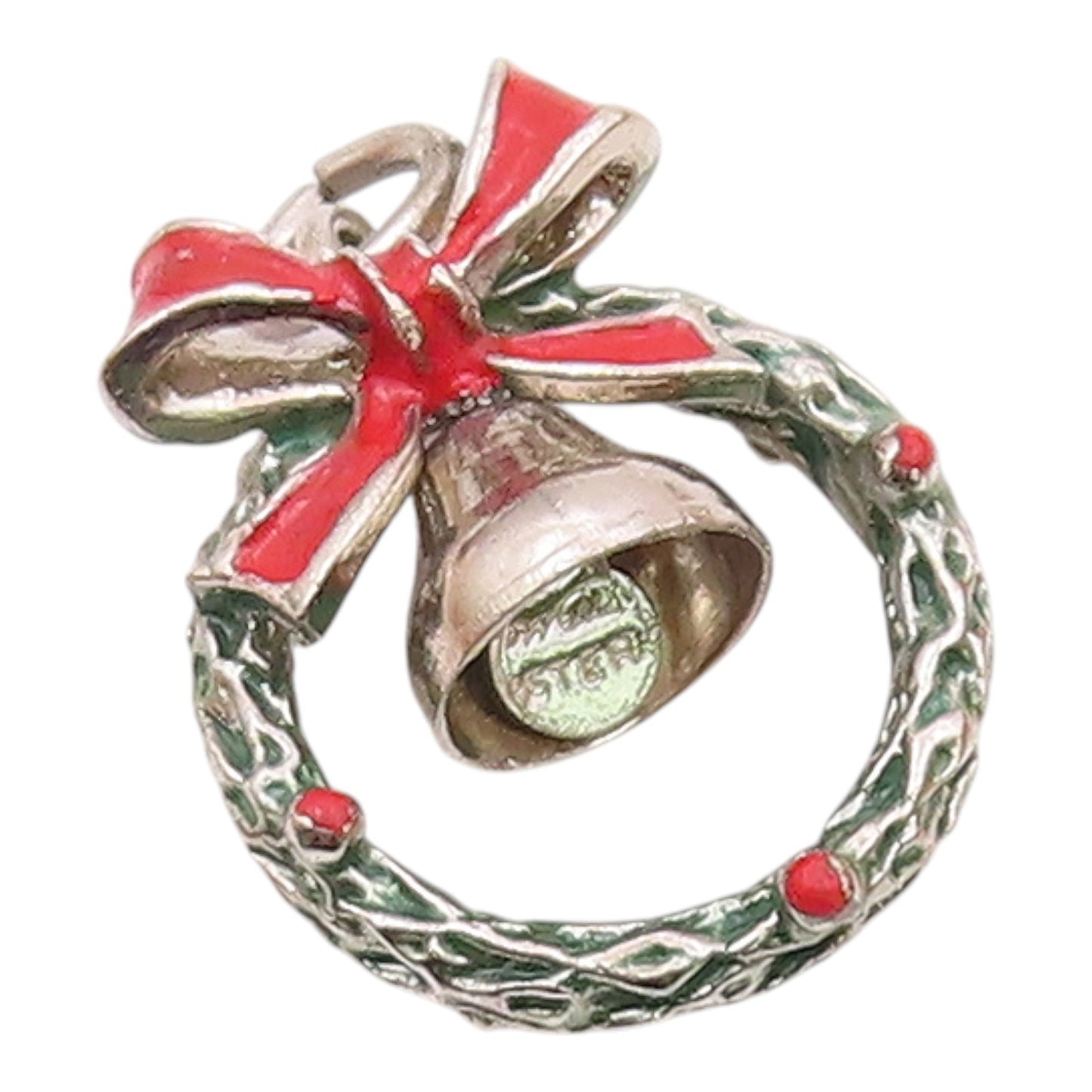 925 Sterling Silver  Vintage Christmas Wreath Pendant (RATTLES)  PT20131